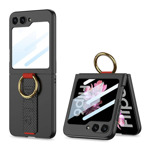 Galaxy Z Flip 6 Kılıf Kamera Korumalı Yüzüklü Karbon Tasarımlı MKST Flip Ring Kıpta Kapak-Siyah