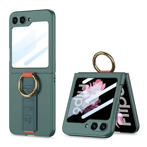 Galaxy Z Flip 6 Kılıf Kamera Korumalı Yüzüklü Karbon Tasarımlı MKST Flip Ring Kıpta Kapak-Gri-Yeşil