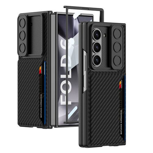 Galaxy Z Fold 6 Kılıf Kamera Korumalı Karbon Fiber Arka Yüzey MKST Kartlıklı Kıpta Sert Kapak-Siyah