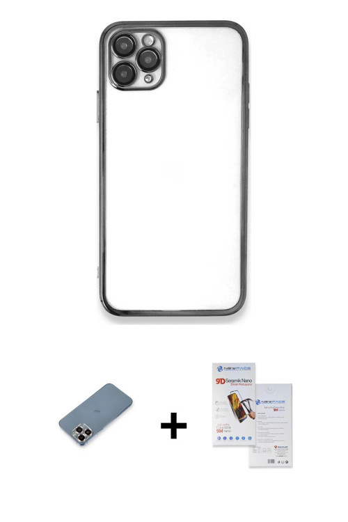 ieg™ iPhone 11 Pro Max Kılıf Vadi Minimal - Siyah Seramik Nano Ekran Koruyucu + Mor Metal Kamera Len