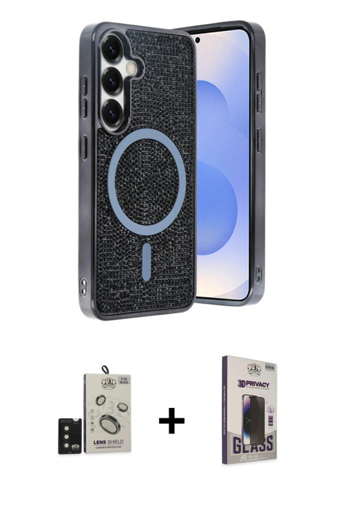 ieg™ Galaxy S24 Kılıf Eksen Çizgi - Siyah Bilvis Hayalet Cam Ekran Koruyucu + Siyah Bilvis Titan Kam