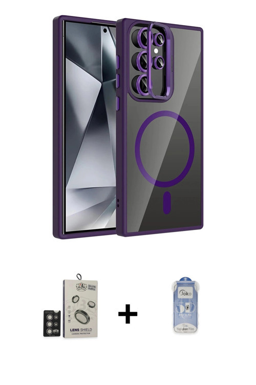 ieg™ Galaxy S24 Ultra Kılıf Yadigar Asil Koleksiyonu - Siyah Joko Magic 5D Cam + Derin Mor Bilvis Ti