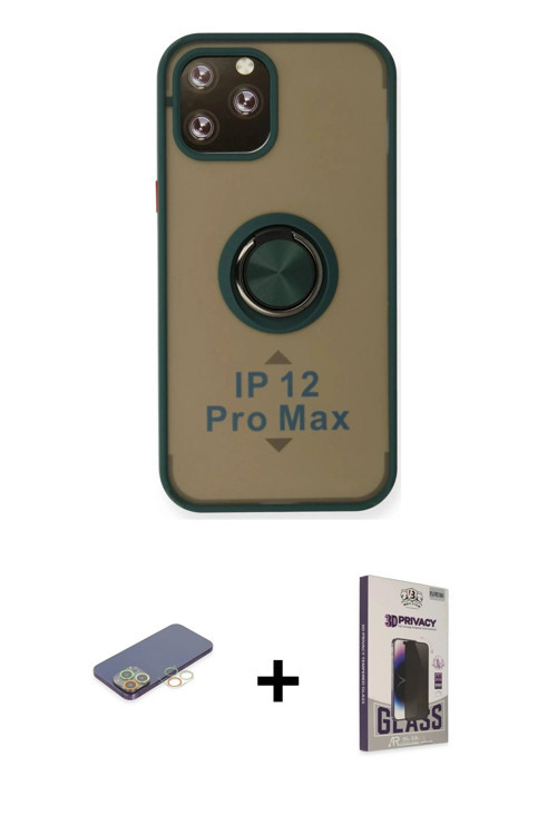 ieg™ iPhone 12 Pro Max Kılıf Yörünge Çizgi - Siyah Bilvis Hayalet Cam Ekran Koruyucu + Sarı Renkli K