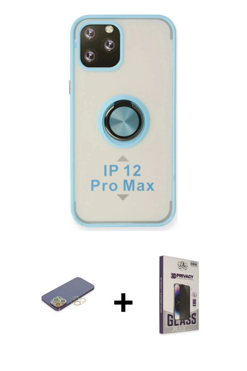 ieg™ iPhone 12 Pro Max Kılıf Yörünge Çizgi - Siyah Bilvis Hayalet Cam Ekran Koruyucu + Sarı Renkli K