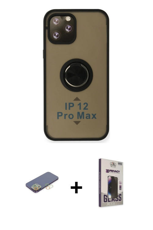 ieg™ iPhone 12 Pro Max Kılıf Yörünge Çizgi - Siyah Bilvis Hayalet Cam Ekran Koruyucu + Sarı Renkli K