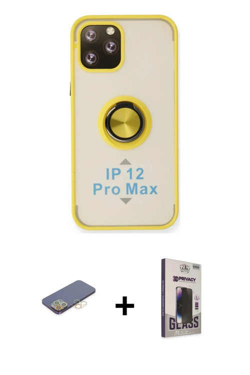 ieg™ iPhone 12 Pro Max Kılıf Yörünge Çizgi - Siyah Bilvis Hayalet Cam Ekran Koruyucu + Sarı Renkli K