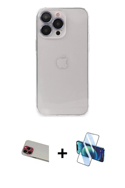 iPhone 13 Pro Max Kılıf Ufuk Minimal Özel Seri - Siyah 3D Antistatik Cam Ekran Koruyucu + Kırmı