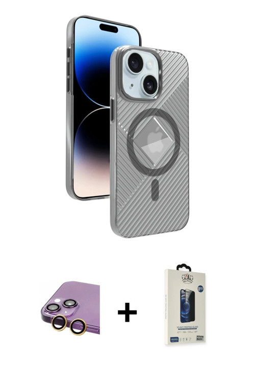 ieg™ iPhone 15 Kılıf Nova Modern Prime - Siyah Bilvis Hayalet Cam Ekran Koruyucu + Sarı Raze Metal K