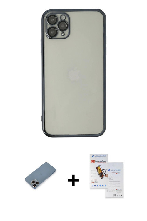 ieg™ iPhone 11 Pro Max Kılıf Vadi Minimal - Siyah Seramik Nano Ekran Koruyucu + Mor Metal Kamera Len