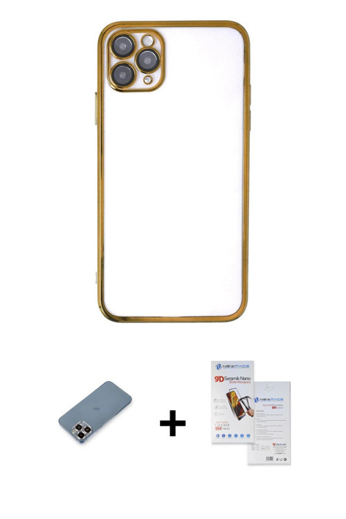 ieg™ iPhone 11 Pro Max Kılıf Vadi Minimal - Siyah Seramik Nano Ekran Koruyucu + Mor Metal Kamera Len