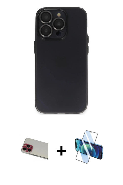 iPhone 13 Pro Max Kılıf Ufuk Minimal Özel Seri - Siyah 3D Antistatik Cam Ekran Koruyucu + Kırmı