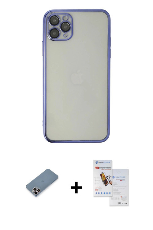 ieg™ iPhone 11 Pro Max Kılıf Vadi Minimal - Siyah Seramik Nano Ekran Koruyucu + Mor Metal Kamera Len