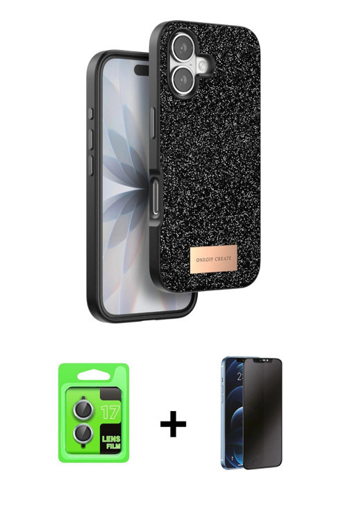 ieg™ iPhone 17 Kılıf Vadi Klasik Serisi - Siyah 3D Antistatik Hayalet Cam Ekran Koruyucu + Açık Mavi