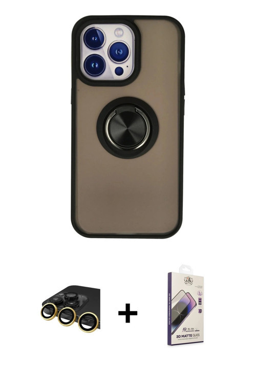 ieg™ iPhone 13 Pro Max Kılıf Yörünge Çizgi - Siyah Bilvis 3D Mat Cam Ekran Koruyucu + Gold Raze Meta
