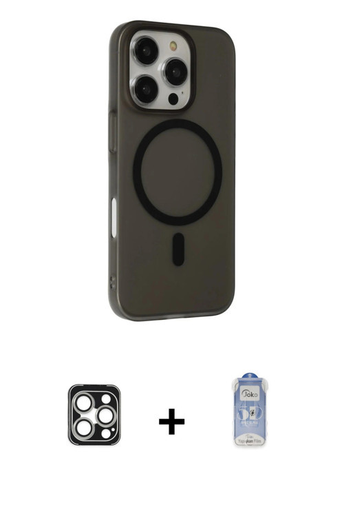 ieg™ iPhone 16 Pro Max Kılıf Çekirdek Modern Prime - Siyah Joko Magic 5D Cam + Gümüş PVD Metal Kamer