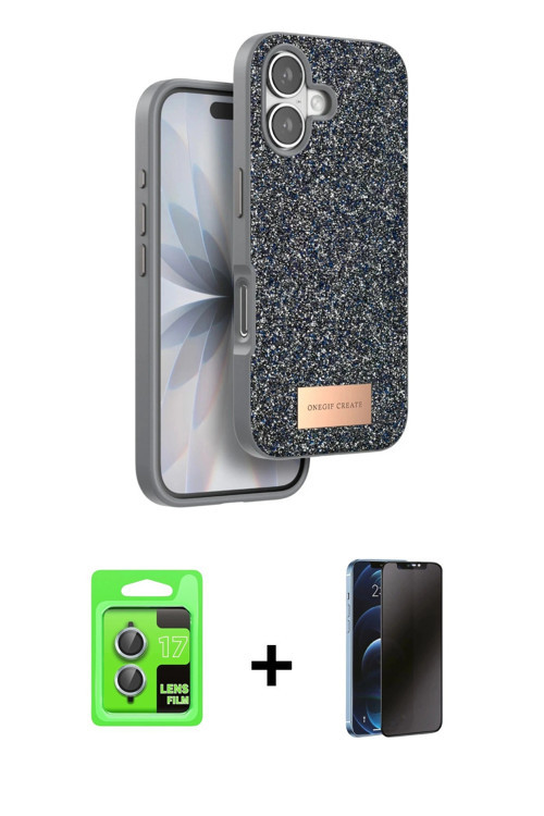 ieg™ iPhone 17 Kılıf Vadi Klasik Serisi - Siyah 3D Antistatik Hayalet Cam Ekran Koruyucu + Açık Mavi