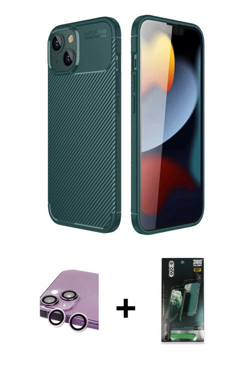 ieg™ iPhone 14 Kılıf Eksen Form Prime - Şeffaf 360 Full Body Arka Koruyucu + Mor Raze Metal Kamera L