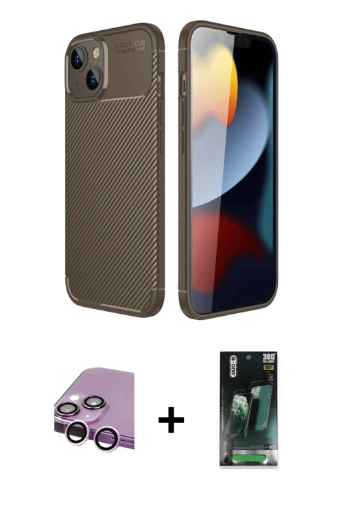ieg™ iPhone 14 Kılıf Eksen Form Prime - Şeffaf 360 Full Body Arka Koruyucu + Mor Raze Metal Kamera L