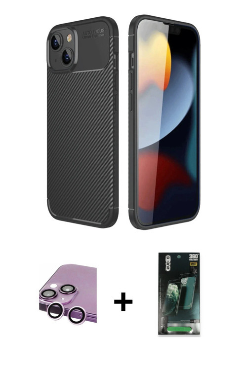 ieg™ iPhone 14 Kılıf Eksen Form Prime - Şeffaf 360 Full Body Arka Koruyucu + Mor Raze Metal Kamera L