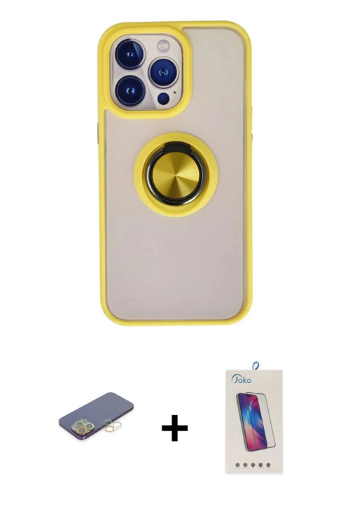 ieg™ iPhone 13 Pro Max Kılıf Yörünge Çizgi - Siyah Joko 5D Cam + Sarı Renkli Kamera Lens Koruma Cam