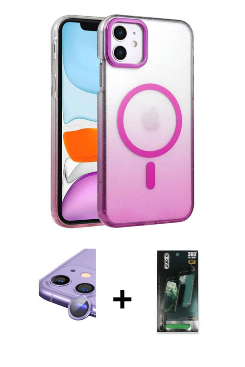 ieg™ iPhone 11 Kılıf Ahenk Doku Özel Seri - Siyah 360 Mat Full Body Arka Koruyucu + Mor Raze Metal K