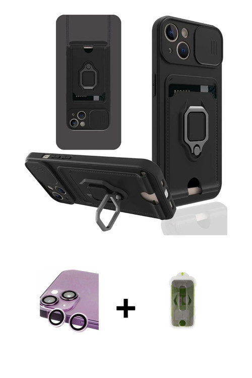 ieg™ iPhone 14 Plus Kılıf Vadi Form Prime - Siyah Joko Magic 5D Hayalet Cam + Mor Raze Metal Kamera