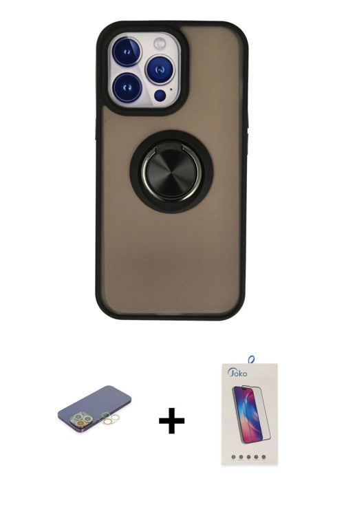 ieg™ iPhone 13 Pro Max Kılıf Yörünge Çizgi - Siyah Joko 5D Cam + Sarı Renkli Kamera Lens Koruma Cam