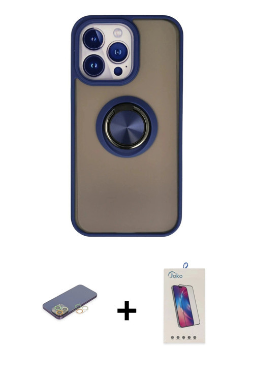 ieg™ iPhone 13 Pro Max Kılıf Yörünge Çizgi - Siyah Joko 5D Cam + Sarı Renkli Kamera Lens Koruma Cam