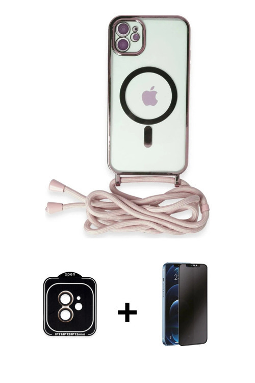 ieg™ iPhone 11 Kılıf Eksen Özel Seri - Siyah 3D Antistatik Hayalet Cam Ekran Koruyucu + Turuncu PVD