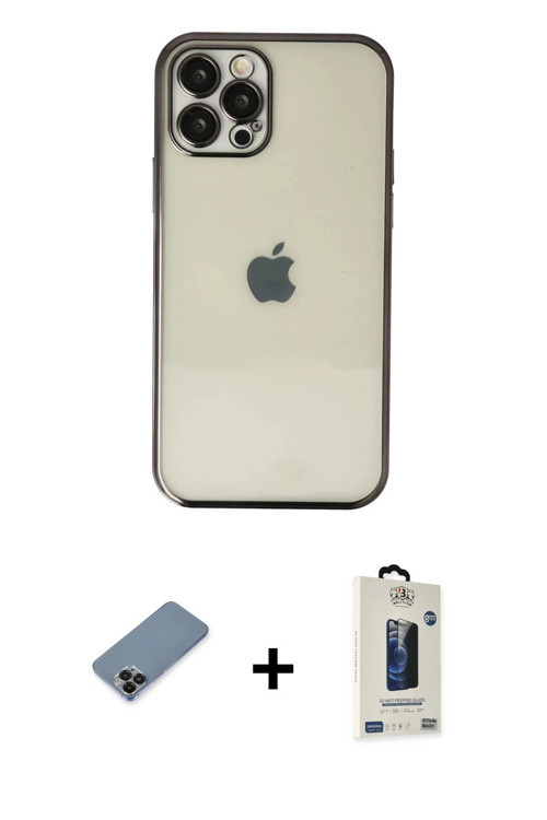 ieg™ iPhone 12 Pro Max Kılıf Vadi Minimal - Siyah Bilvis Hayalet Cam Ekran Koruyucu + Siyah Metal Ka