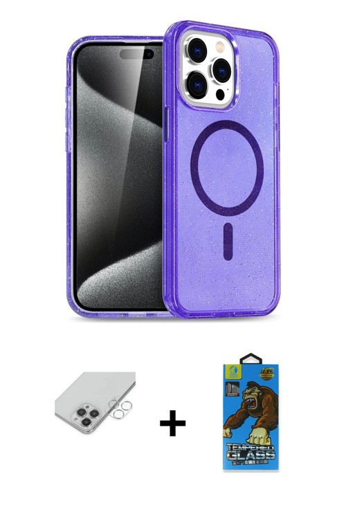 ieg™ iPhone 14 Pro Max Kılıf Nova Asil Prime - Siyah 18D Cam Ekran Koruyucu + Gümüş Band Metal Kamer