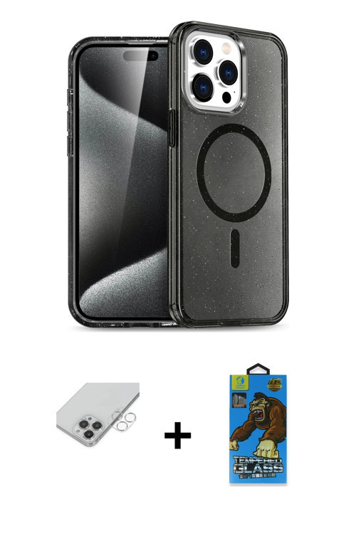 ieg™ iPhone 14 Pro Max Kılıf Nova Asil Prime - Siyah 18D Cam Ekran Koruyucu + Gümüş Band Metal Kamer