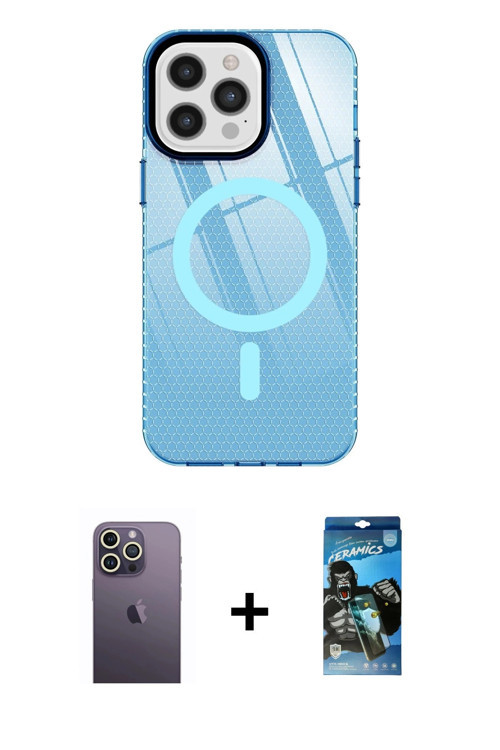 ieg™ iPhone 12 Pro Max Kılıf Doruk Prime - Siyah 34D Izgaralı Cam + Beyaz Neon Fosforlu Kamera Lens