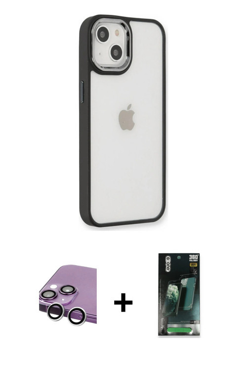 ieg™ iPhone 14 Plus Kılıf Eksen Doku Prime - Siyah 360 Mat Full Body Arka Koruyucu + Gümüş Raze Meta