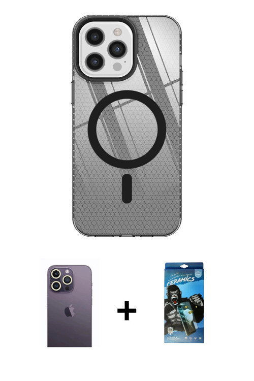 ieg™ iPhone 12 Pro Max Kılıf Doruk Prime - Siyah 34D Izgaralı Cam + Beyaz Neon Fosforlu Kamera Lens