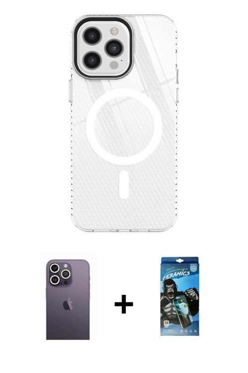 ieg™ iPhone 12 Pro Max Kılıf Doruk Prime - Siyah 34D Izgaralı Cam + Beyaz Neon Fosforlu Kamera Lens