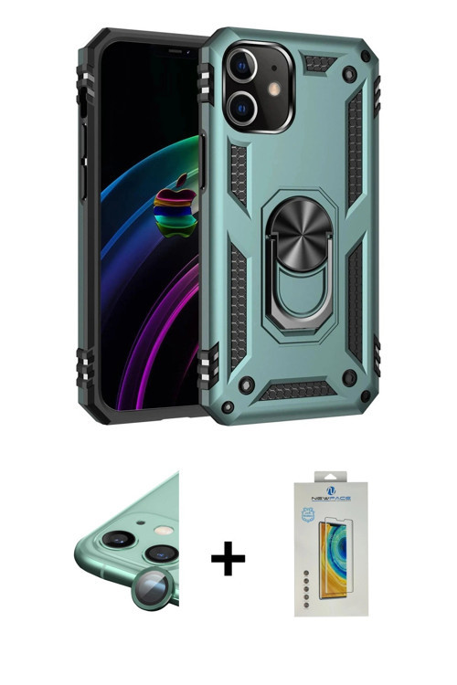 ieg™ iPhone 12 Kılıf Ahenk Klasik Koleksiyonu - Siyah Polymer Nano Ekran Koruyucu + Yeşil Raze Metal