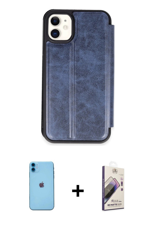 ieg™ iPhone 11 Kılıf Zirve Yansıma Serisi - Siyah Bilvis 3D Mat Cam Ekran Koruyucu + Mavi Neon Fosfo