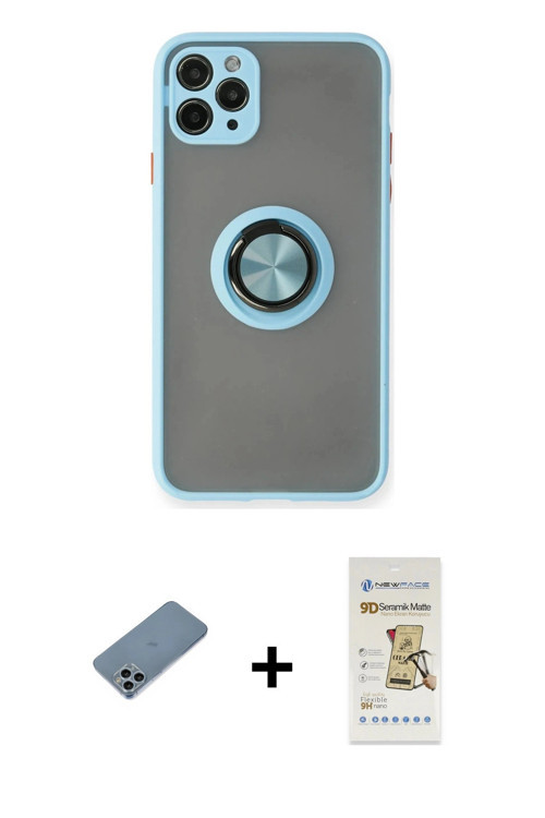 ieg™ iPhone 11 Pro Max Kılıf Yörünge Çizgi - Siyah Mat Seramik Nano Ekran Koruyucu + Sierra Blue Shi