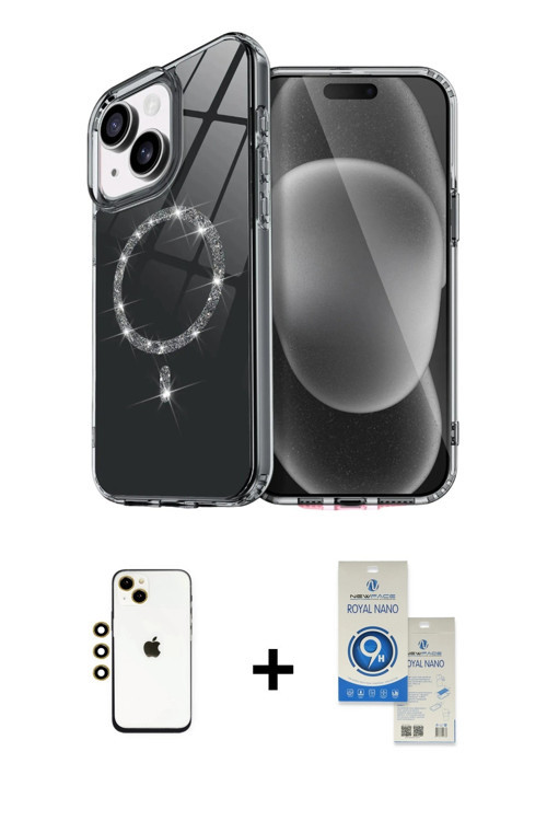 ieg™ iPhone 14 Kılıf Kıvılcım Form Prime - Şeffaf Royal Nano Ekran Koruyucu + Gold Shine Kamera Lens