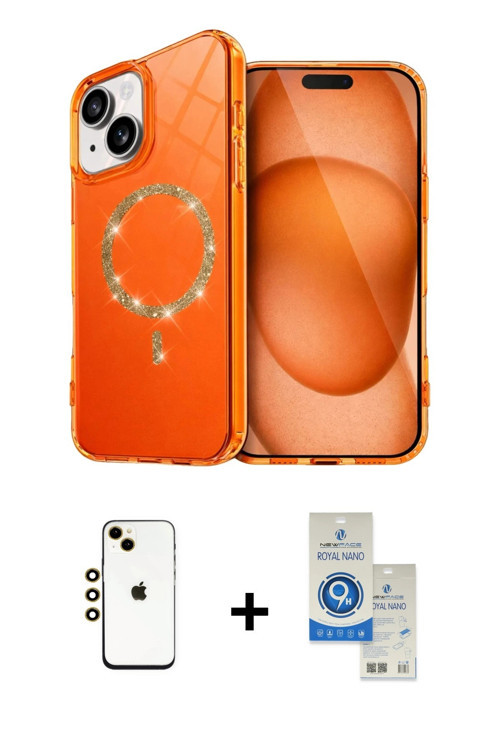 ieg™ iPhone 14 Kılıf Kıvılcım Form Prime - Şeffaf Royal Nano Ekran Koruyucu + Gold Shine Kamera Lens