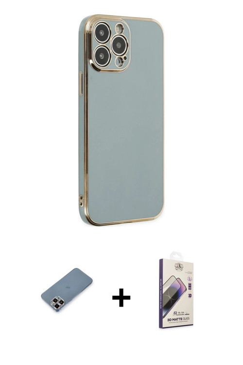 ieg™ iPhone 13 Pro Max Kılıf Yankı Serisi - Siyah Bilvis 3D Mat Cam Ekran Koruyucu + Mor Metal Kamer