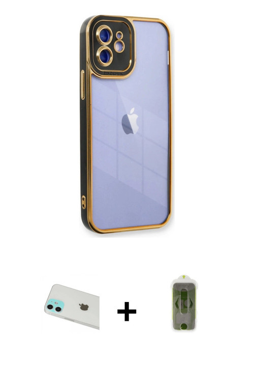 ieg™ iPhone 12 Kılıf Çekirdek Klasik Serisi - Siyah Joko Magic 5D Hayalet Cam + Yeşil Rainbow Kamera