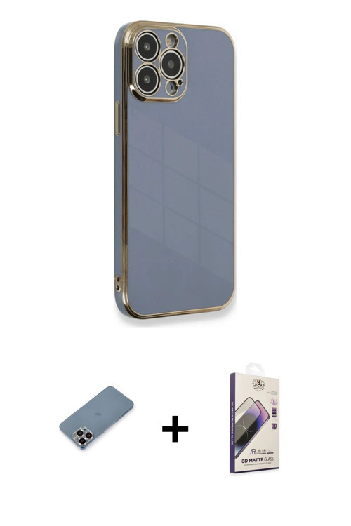 ieg™ iPhone 13 Pro Max Kılıf Yankı Serisi - Siyah Bilvis 3D Mat Cam Ekran Koruyucu + Mor Metal Kamer