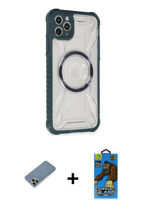 ieg™ iPhone 11 Pro Max Kılıf Kutup Modern - Siyah 18D Cam Ekran Koruyucu + Açık Yeşil Metal Kamera L