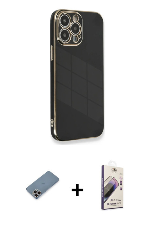 ieg™ iPhone 13 Pro Max Kılıf Yankı Serisi - Siyah Bilvis 3D Mat Cam Ekran Koruyucu + Mor Metal Kamer