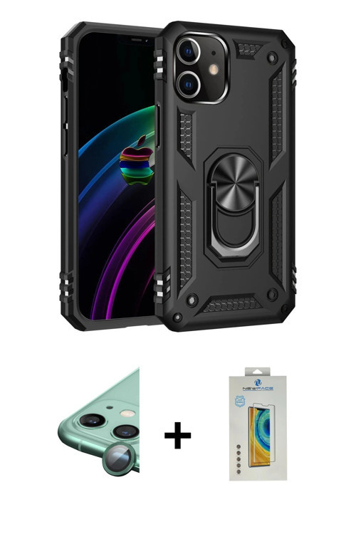 ieg™ iPhone 12 Kılıf Ahenk Klasik Koleksiyonu - Siyah Polymer Nano Ekran Koruyucu + Yeşil Raze Metal