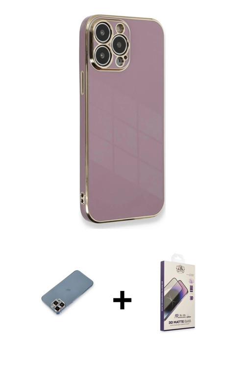 ieg™ iPhone 13 Pro Max Kılıf Yankı Serisi - Siyah Bilvis 3D Mat Cam Ekran Koruyucu + Mor Metal Kamer