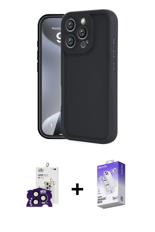 ieg™ iPhone 16 Pro Max Kılıf Yankı Yansıma Özel Seri - Siyah Bilvis 5in1 3D Magic Cam Ekran Koruyucu