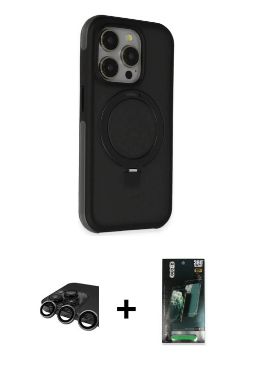ieg™ iPhone 15 Pro Kılıf Ahenk Yansıma Özel Seri - Siyah 360 Mat Full Body Arka Koruyucu + Titanyum
